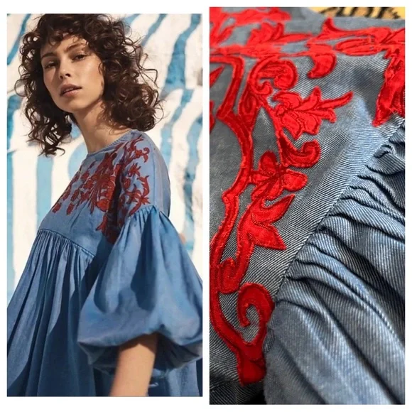 Anthropologie Hemant & Nandita flows appliqué empire puff sleeves top blouse S - Picture 1 of 11